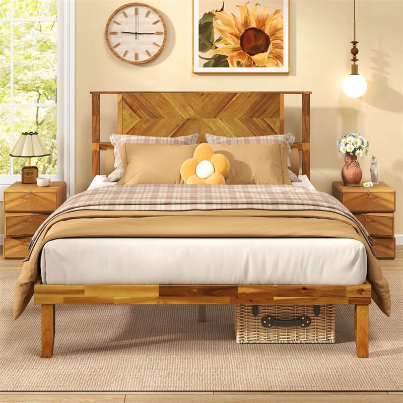 Twin/Full/Queen Size Acacia Wood Platform Bed Frame with Headboard, Mid-Century Modern Bed Frame w/Wooden Slats Support & Under-Bed Space