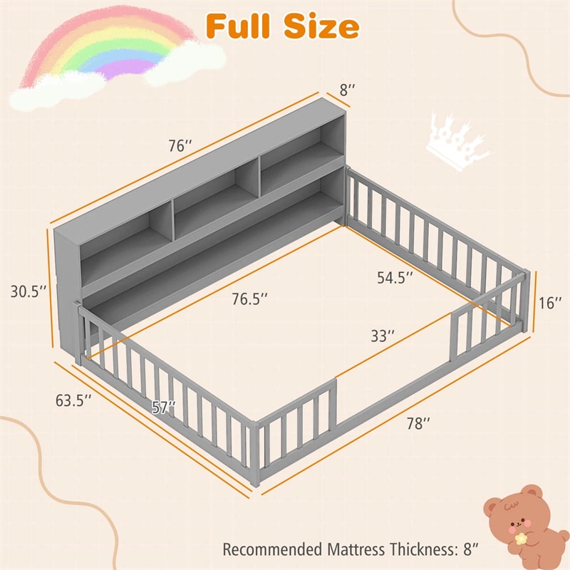Full Size Montessori Floor Bed with Bookcase, Storage Shelves & Safety Fence Rails, Solid Wood Bed Frame for Kids, No Box Spring Needed