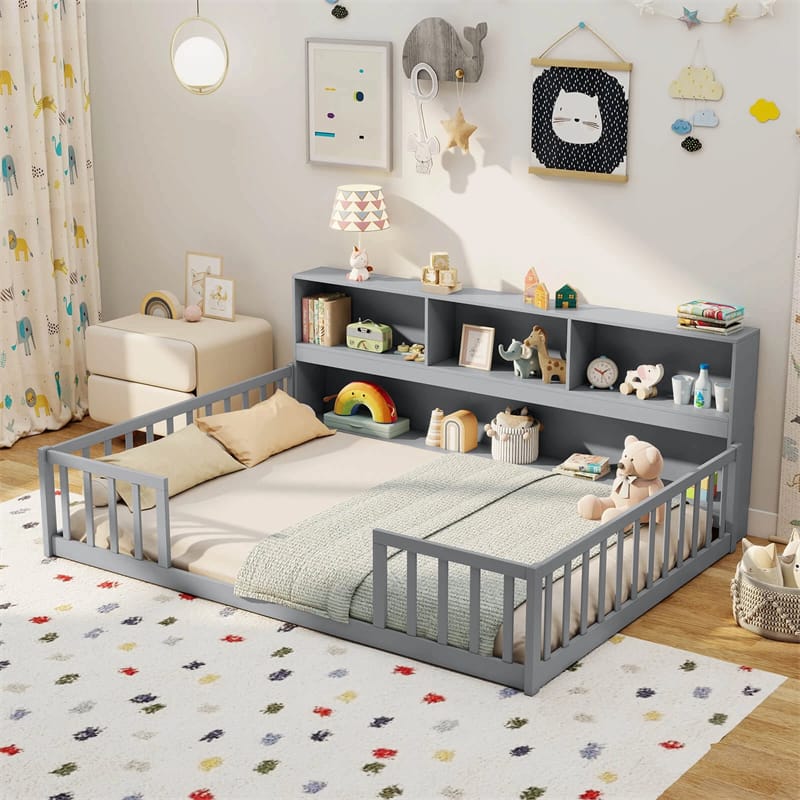 Full Size Montessori Floor Bed with Bookcase, Storage Shelves & Safety Fence Rails, Solid Wood Bed Frame for Kids, No Box Spring Needed