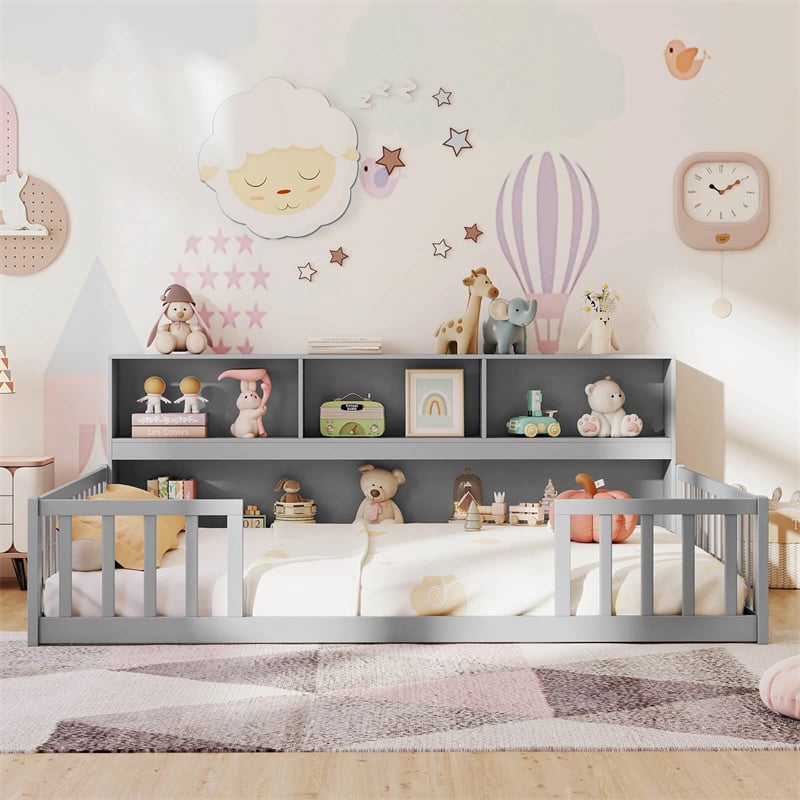 Full Size Montessori Floor Bed with Bookcase, Storage Shelves & Safety Fence Rails, Solid Wood Bed Frame for Kids, No Box Spring Needed