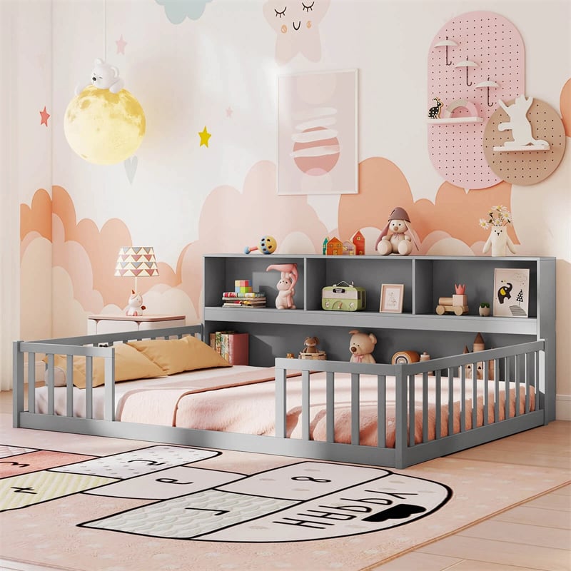 Full Size Montessori Floor Bed with Bookcase, Storage Shelves & Safety Fence Rails, Solid Wood Bed Frame for Kids, No Box Spring Needed