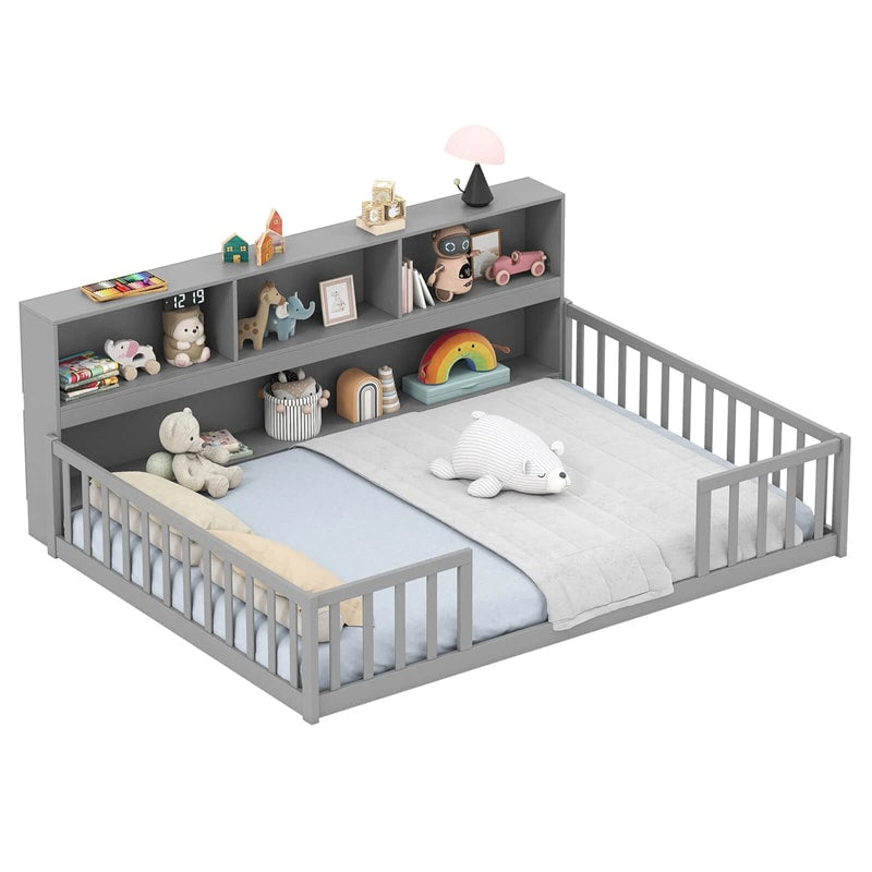 Full Size Montessori Floor Bed with Bookcase, Storage Shelves & Safety Fence Rails, Solid Wood Bed Frame for Kids, No Box Spring Needed