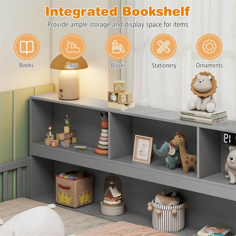 Full Size Montessori Floor Bed with Bookcase, Storage Shelves & Safety Fence Rails, Solid Wood Bed Frame for Kids, No Box Spring Needed