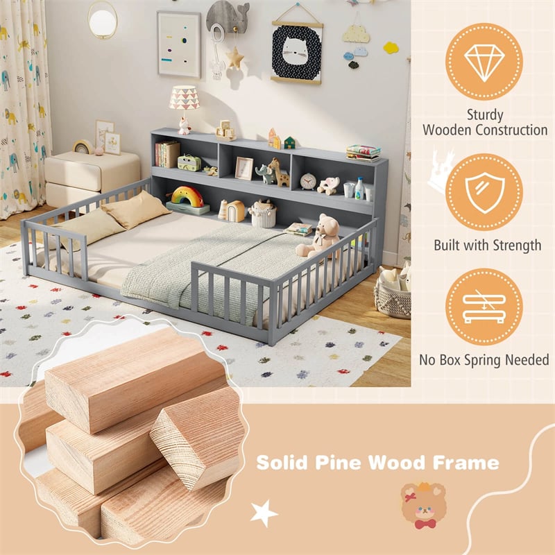 Full Size Montessori Floor Bed with Bookcase, Storage Shelves & Safety Fence Rails, Solid Wood Bed Frame for Kids, No Box Spring Needed
