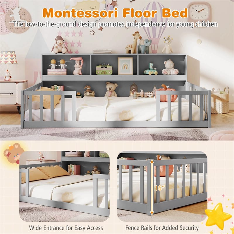 Full Size Montessori Floor Bed with Bookcase, Storage Shelves & Safety Fence Rails, Solid Wood Bed Frame for Kids, No Box Spring Needed