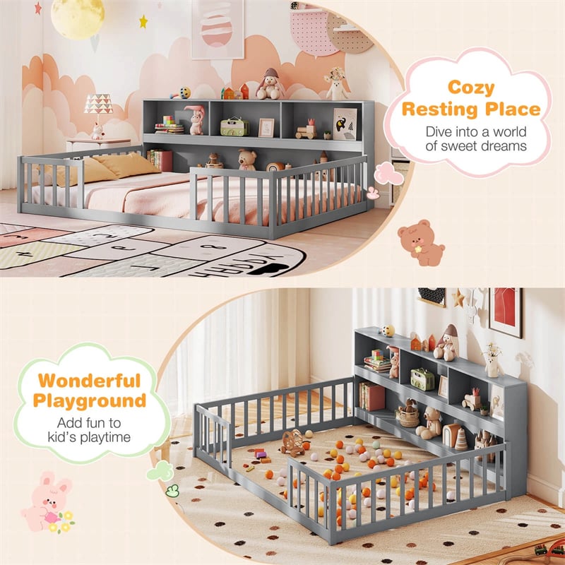 Full Size Montessori Floor Bed with Bookcase, Storage Shelves & Safety Fence Rails, Solid Wood Bed Frame for Kids, No Box Spring Needed