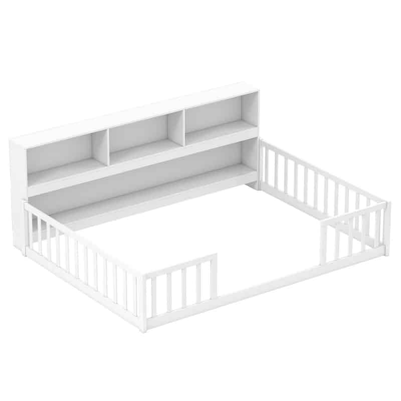 Full Size Montessori Floor Bed with Bookcase, Storage Shelves & Safety Fence Rails, Solid Wood Bed Frame for Kids, No Box Spring Needed