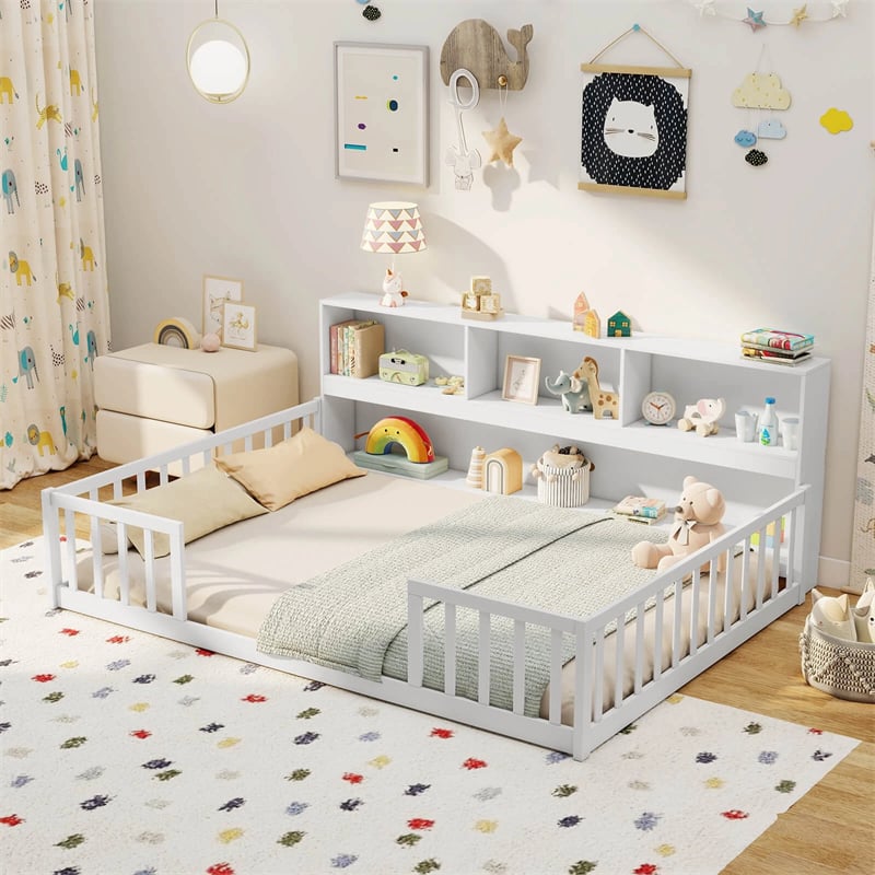 Full Size Montessori Floor Bed with Bookcase, Storage Shelves & Safety Fence Rails, Solid Wood Bed Frame for Kids, No Box Spring Needed