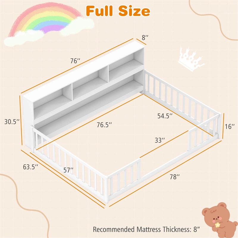 Full Size Montessori Floor Bed with Bookcase, Storage Shelves & Safety Fence Rails, Solid Wood Bed Frame for Kids, No Box Spring Needed