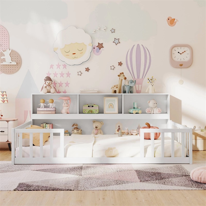 Full Size Montessori Floor Bed with Bookcase, Storage Shelves & Safety Fence Rails, Solid Wood Bed Frame for Kids, No Box Spring Needed