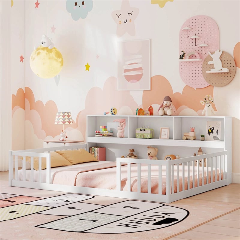 Full Size Montessori Floor Bed with Bookcase, Storage Shelves & Safety Fence Rails, Solid Wood Bed Frame for Kids, No Box Spring Needed