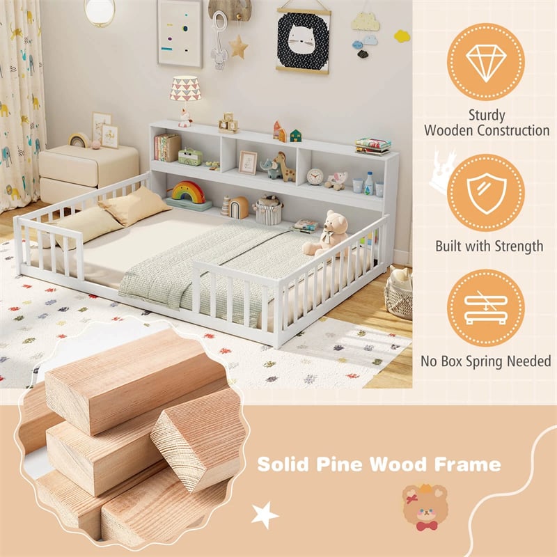 Full Size Montessori Floor Bed with Bookcase, Storage Shelves & Safety Fence Rails, Solid Wood Bed Frame for Kids, No Box Spring Needed