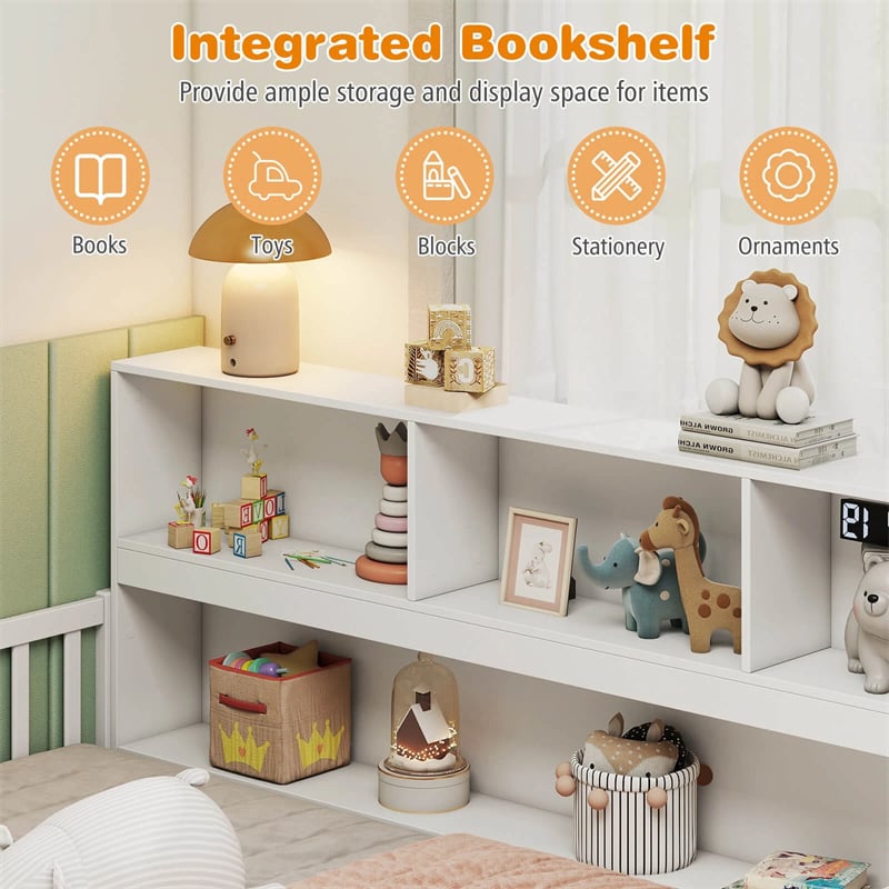 Full Size Montessori Floor Bed with Bookcase, Storage Shelves & Safety Fence Rails, Solid Wood Bed Frame for Kids, No Box Spring Needed