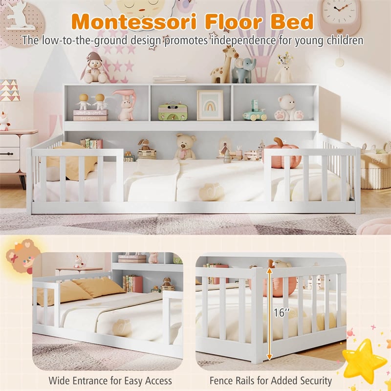 Full Size Montessori Floor Bed with Bookcase, Storage Shelves & Safety Fence Rails, Solid Wood Bed Frame for Kids, No Box Spring Needed