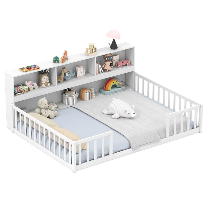 Full Size Montessori Floor Bed with Bookcase, Storage Shelves & Safety Fence Rails, Solid Wood Bed Frame for Kids, No Box Spring Needed