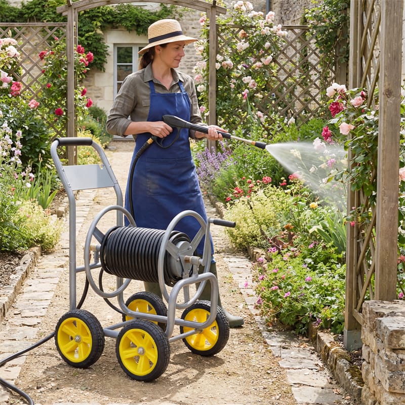 Garden Hose Reel Cart Holds 330ft of 5/8" or 400ft of 1/2" Hose, Heavy-Duty Metal 4-Wheel Hose Cart, Portable Water Hose Organizer for Yard