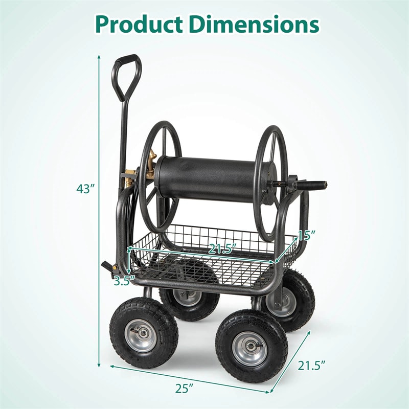 Portable Garden Hose Reel Cart Holds 300FT of 5/8" Large Capacity, Heavy-Duty Metal Hose Cart with 4 Wheels & Storage Basket for Lawn Yard