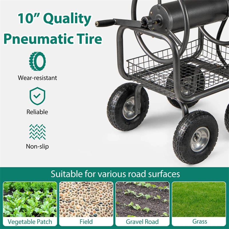 Portable Garden Hose Reel Cart Holds 300FT of 5/8" Large Capacity, Heavy-Duty Metal Hose Cart with 4 Wheels & Storage Basket for Lawn Yard