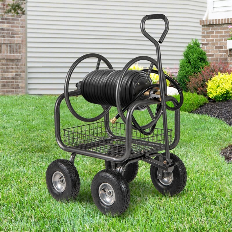 Portable Garden Hose Reel Cart Holds 300FT of 5/8" Large Capacity, Heavy-Duty Metal Hose Cart with 4 Wheels & Storage Basket for Lawn Yard