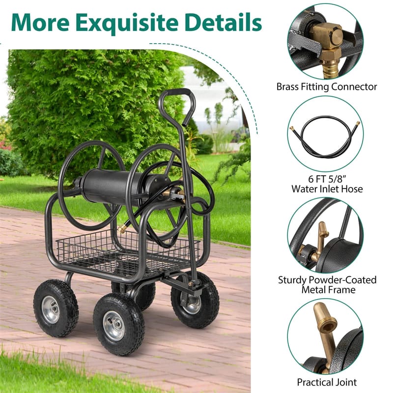 Portable Garden Hose Reel Cart Holds 300FT of 5/8" Large Capacity, Heavy-Duty Metal Hose Cart with 4 Wheels & Storage Basket for Lawn Yard