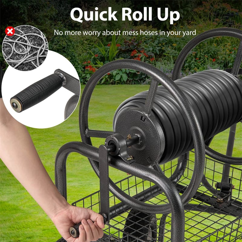 Portable Garden Hose Reel Cart Holds 300FT of 5/8" Large Capacity, Heavy-Duty Metal Hose Cart with 4 Wheels & Storage Basket for Lawn Yard