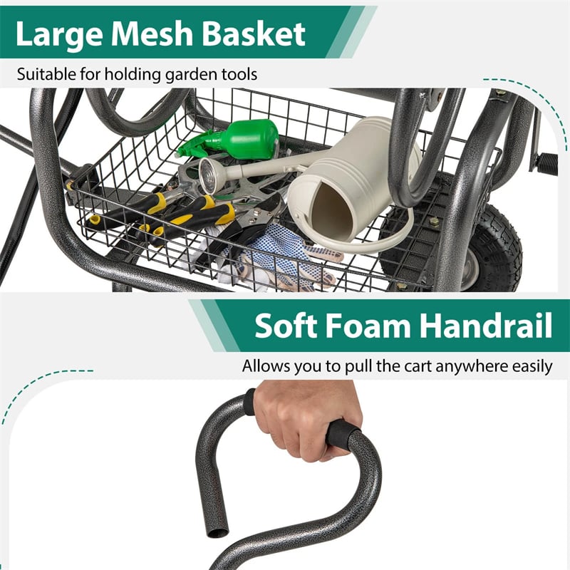 Portable Garden Hose Reel Cart Holds 300FT of 5/8" Large Capacity, Heavy-Duty Metal Hose Cart with 4 Wheels & Storage Basket for Lawn Yard