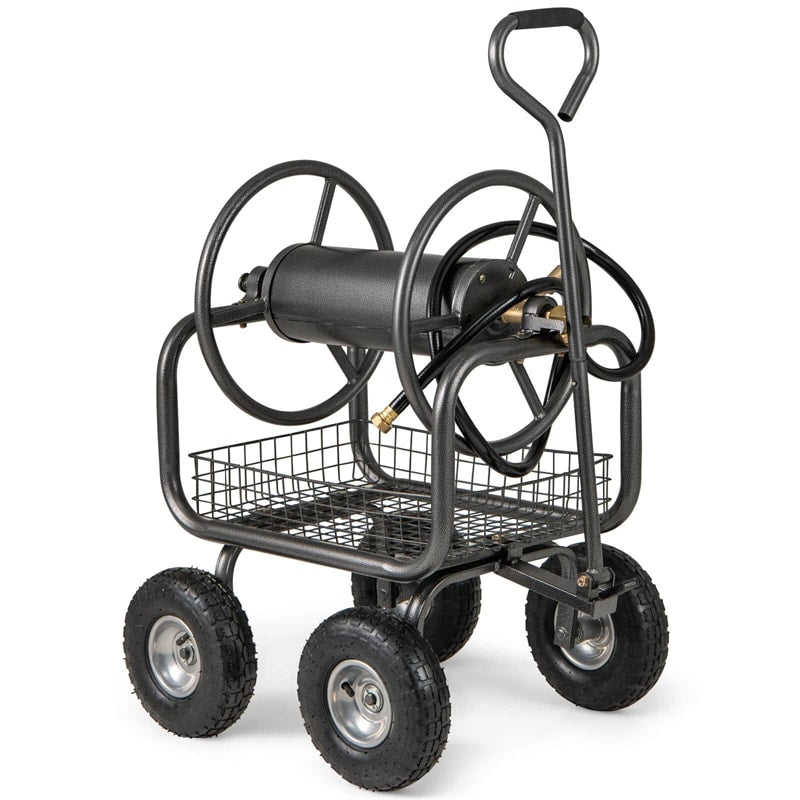 Portable Garden Hose Reel Cart Holds 300FT of 5/8" Large Capacity, Heavy-Duty Metal Hose Cart with 4 Wheels & Storage Basket for Lawn Yard