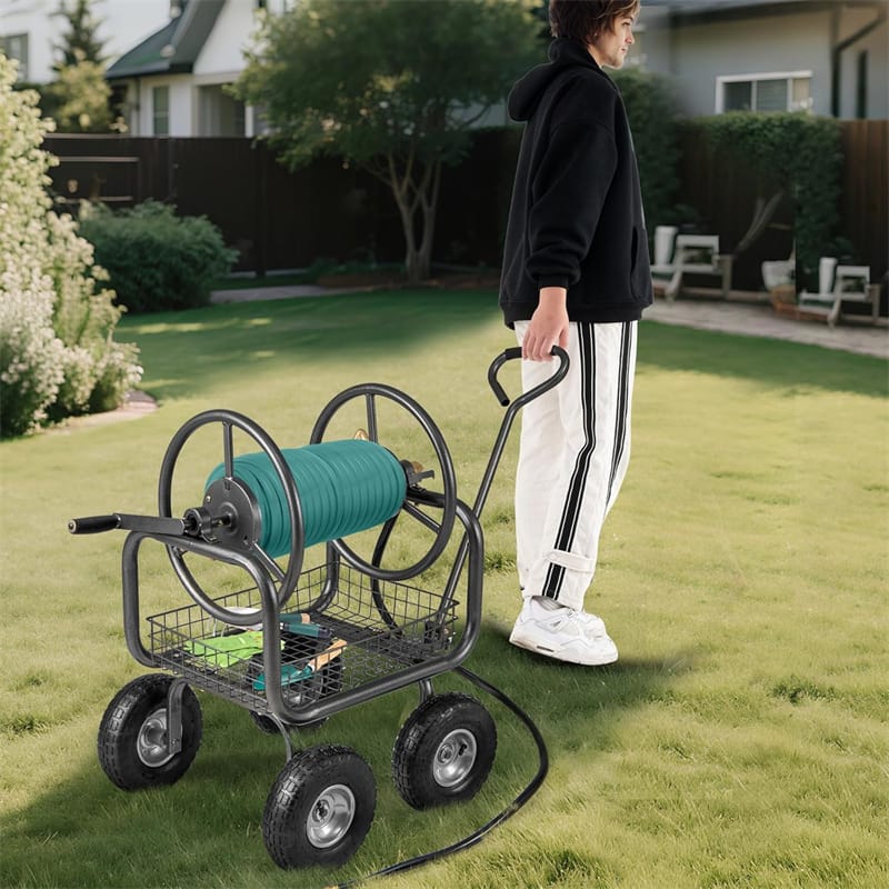 Portable Garden Hose Reel Cart Holds 300FT of 5/8" Large Capacity, Heavy-Duty Metal Hose Cart with 4 Wheels & Storage Basket for Lawn Yard