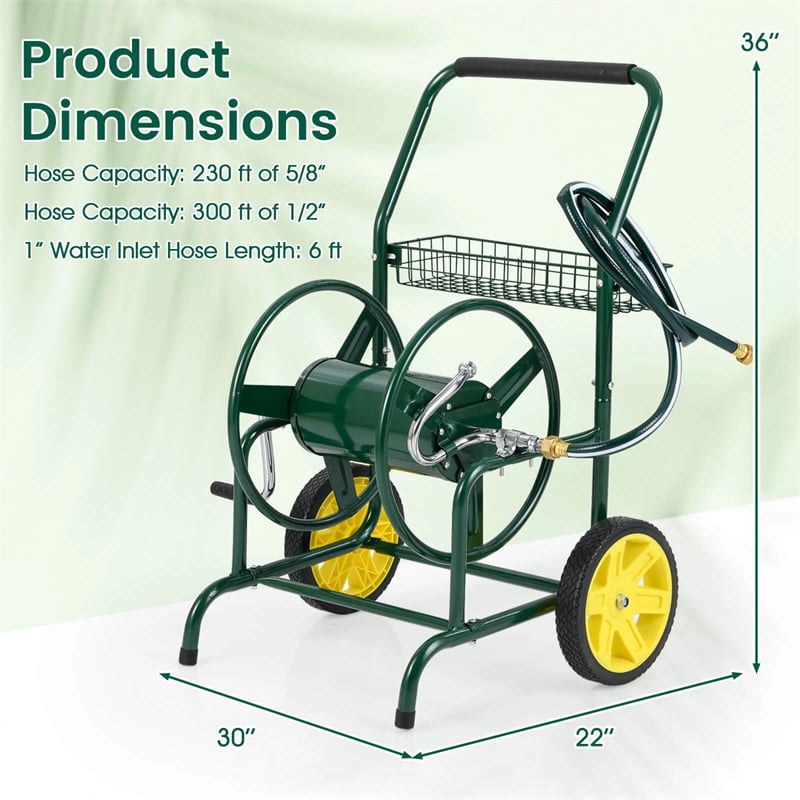 Garden Hose Reel Cart Holds 230FT of 5/8" Hose, Heavy-Duty Hose Cart with 2 Wheels & Storage Basket, Portable Water Hose Organizer for Yard