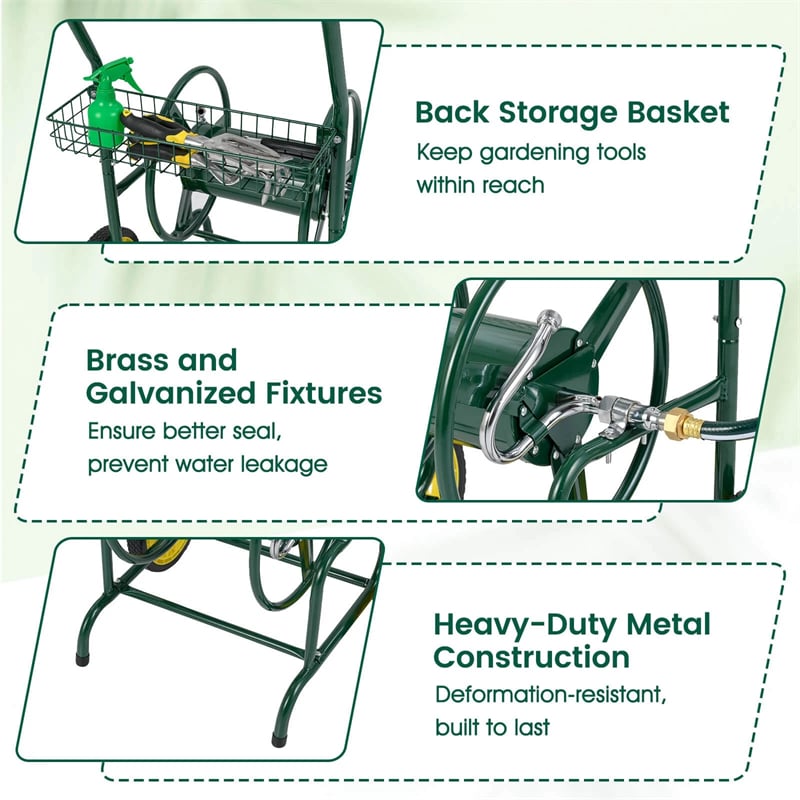 Garden Hose Reel Cart Holds 230FT of 5/8" Hose, Heavy-Duty Hose Cart with 2 Wheels & Storage Basket, Portable Water Hose Organizer for Yard