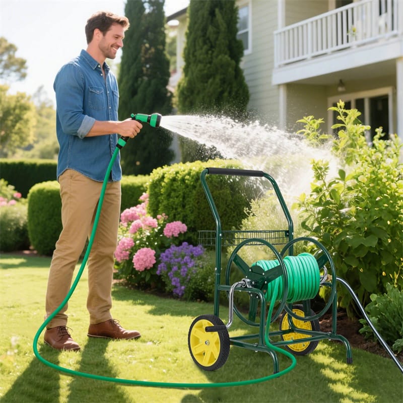 Garden Hose Reel Cart Holds 230FT of 5/8" Hose, Heavy-Duty Hose Cart with 2 Wheels & Storage Basket, Portable Water Hose Organizer for Yard