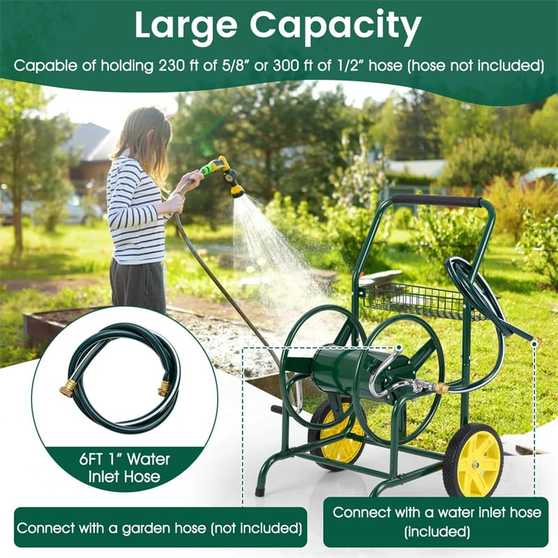 Garden Hose Reel Cart Holds 230FT of 5/8" Hose, Heavy-Duty Hose Cart with 2 Wheels & Storage Basket, Portable Water Hose Organizer for Yard