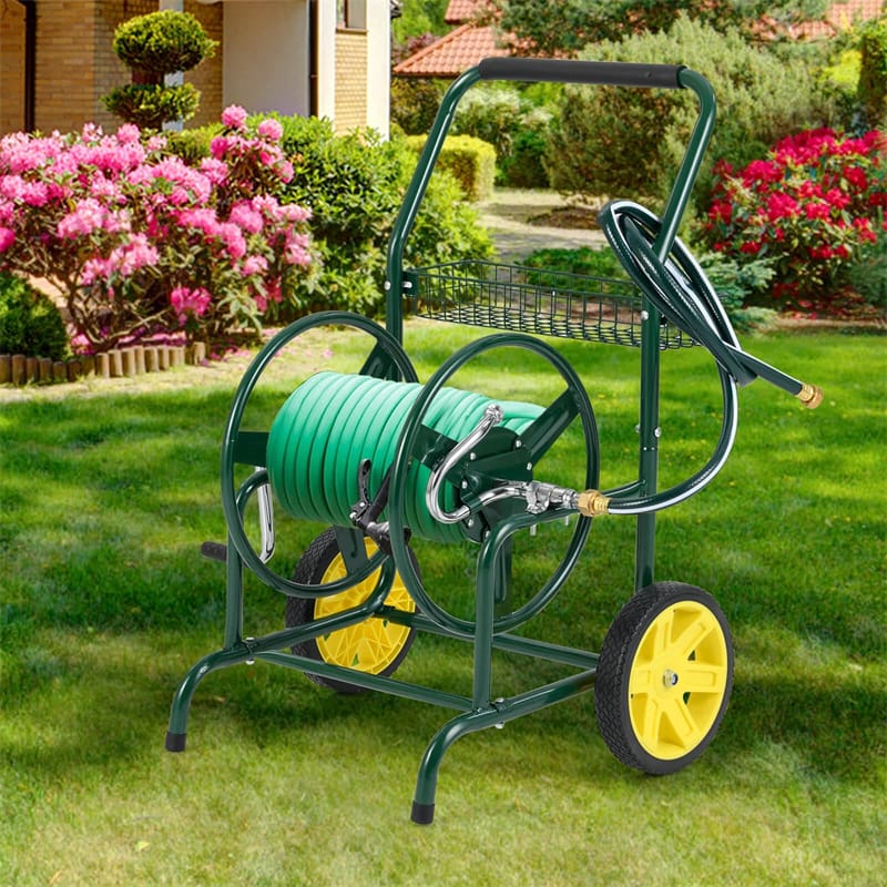 Garden Hose Reel Cart Holds 230FT of 5/8" Hose, Heavy-Duty Hose Cart with 2 Wheels & Storage Basket, Portable Water Hose Organizer for Yard