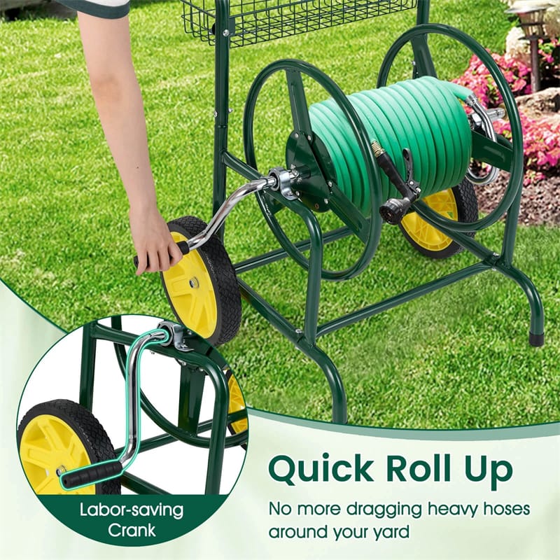 Garden Hose Reel Cart Holds 230FT of 5/8" Hose, Heavy-Duty Hose Cart with 2 Wheels & Storage Basket, Portable Water Hose Organizer for Yard