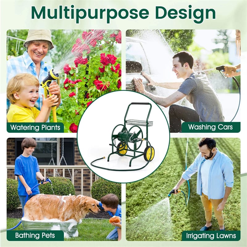 Garden Hose Reel Cart Holds 230FT of 5/8" Hose, Heavy-Duty Hose Cart with 2 Wheels & Storage Basket, Portable Water Hose Organizer for Yard
