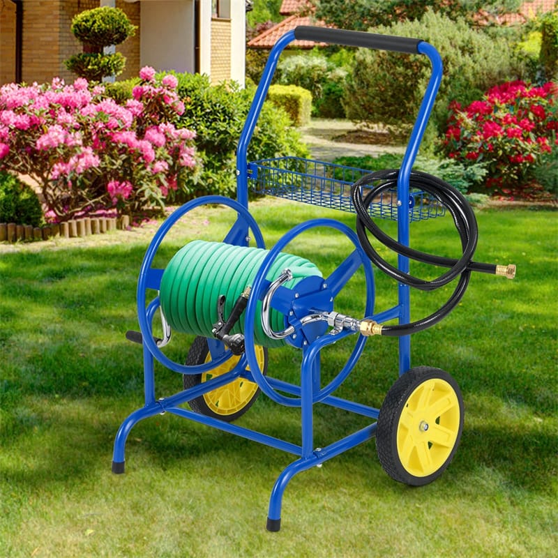 Garden Hose Reel Cart Holds 230FT of 5/8" Hose, Heavy-Duty Hose Cart with 2 Wheels & Storage Basket, Portable Water Hose Organizer for Yard