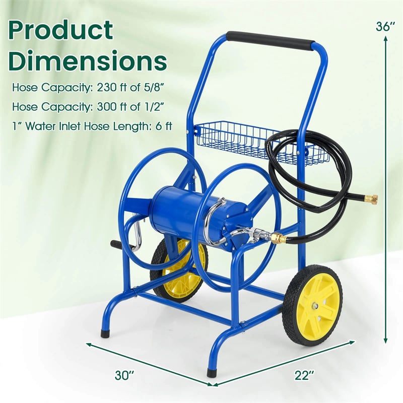 Garden Hose Reel Cart Holds 230FT of 5/8" Hose, Heavy-Duty Hose Cart with 2 Wheels & Storage Basket, Portable Water Hose Organizer for Yard