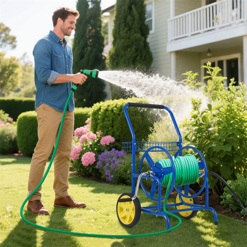 Garden Hose Reel Cart Holds 230FT of 5/8" Hose, Heavy-Duty Hose Cart with 2 Wheels & Storage Basket, Portable Water Hose Organizer for Yard