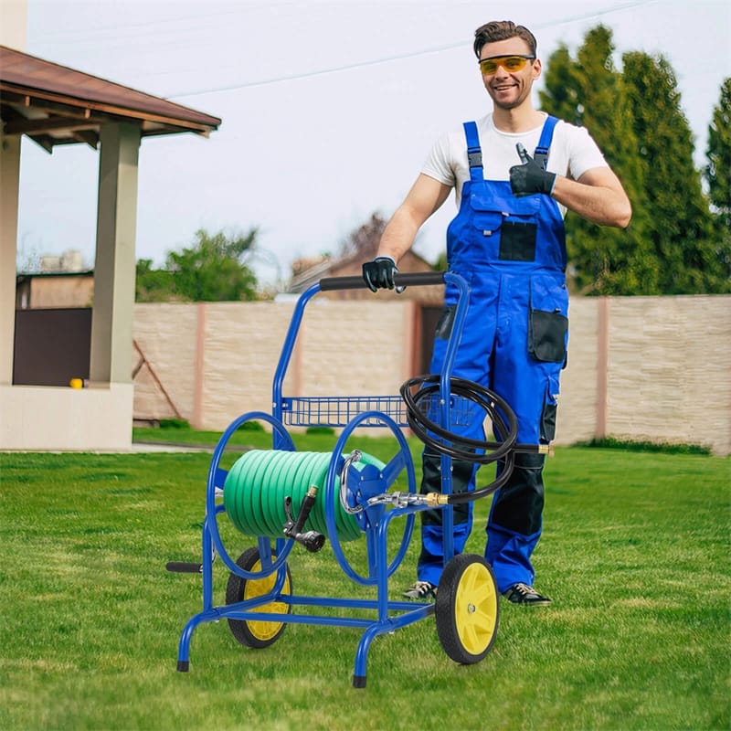 Garden Hose Reel Cart Holds 230FT of 5/8" Hose, Heavy-Duty Hose Cart with 2 Wheels & Storage Basket, Portable Water Hose Organizer for Yard