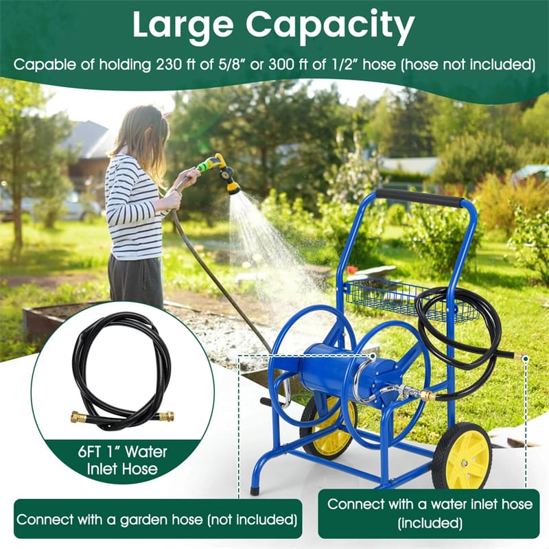 Garden Hose Reel Cart Holds 230FT of 5/8" Hose, Heavy-Duty Hose Cart with 2 Wheels & Storage Basket, Portable Water Hose Organizer for Yard