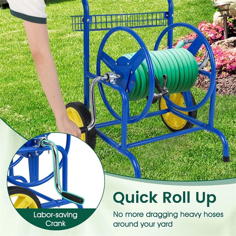 Garden Hose Reel Cart Holds 230FT of 5/8" Hose, Heavy-Duty Hose Cart with 2 Wheels & Storage Basket, Portable Water Hose Organizer for Yard