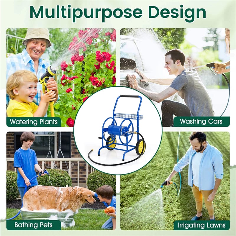 Garden Hose Reel Cart Holds 230FT of 5/8" Hose, Heavy-Duty Hose Cart with 2 Wheels & Storage Basket, Portable Water Hose Organizer for Yard