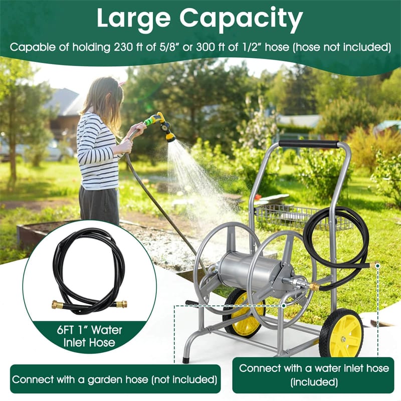 Garden Hose Reel Cart Holds 230FT of 5/8" Hose, Heavy-Duty Hose Cart with 2 Wheels & Storage Basket, Portable Water Hose Organizer for Yard