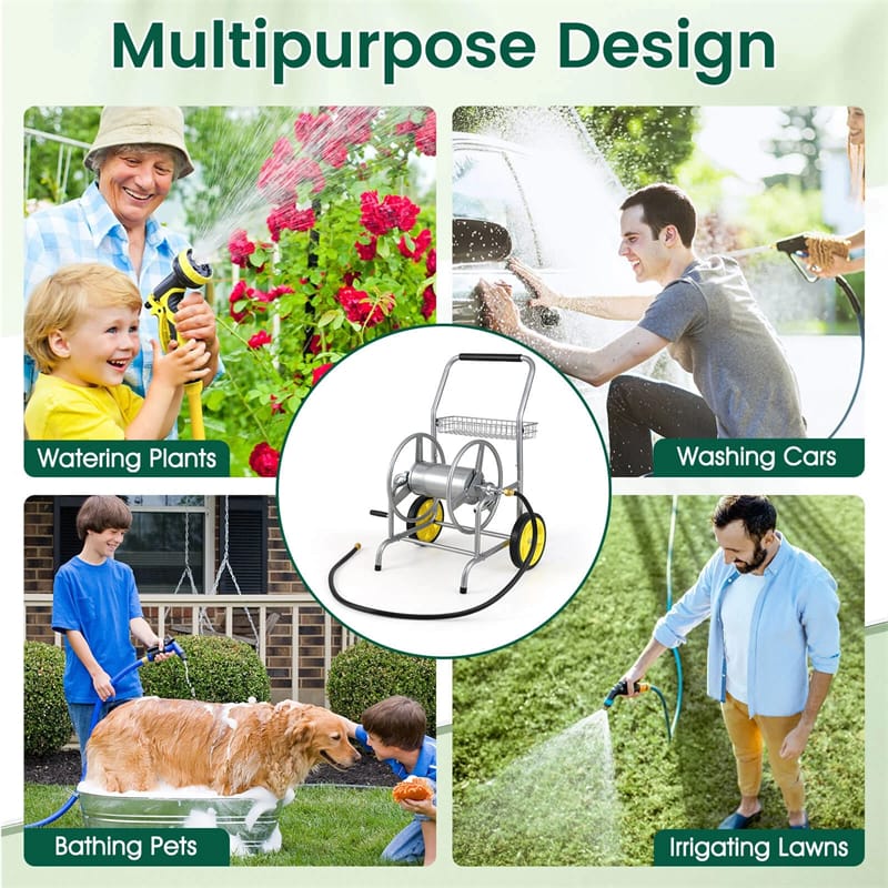 Garden Hose Reel Cart Holds 230FT of 5/8" Hose, Heavy-Duty Hose Cart with 2 Wheels & Storage Basket, Portable Water Hose Organizer for Yard
