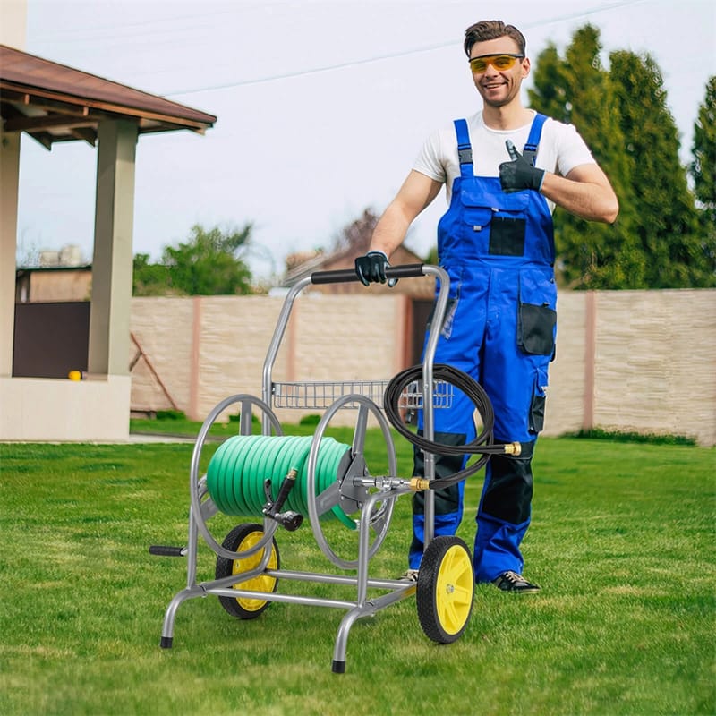Garden Hose Reel Cart Holds 230FT of 5/8" Hose, Heavy-Duty Hose Cart with 2 Wheels & Storage Basket, Portable Water Hose Organizer for Yard