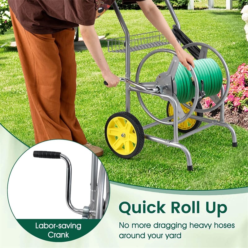 Garden Hose Reel Cart Holds 230FT of 5/8" Hose, Heavy-Duty Hose Cart with 2 Wheels & Storage Basket, Portable Water Hose Organizer for Yard