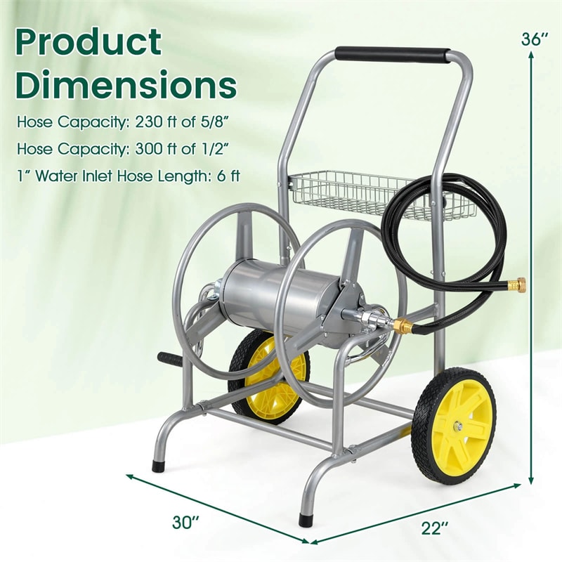 Garden Hose Reel Cart Holds 230FT of 5/8" Hose, Heavy-Duty Hose Cart with 2 Wheels & Storage Basket, Portable Water Hose Organizer for Yard