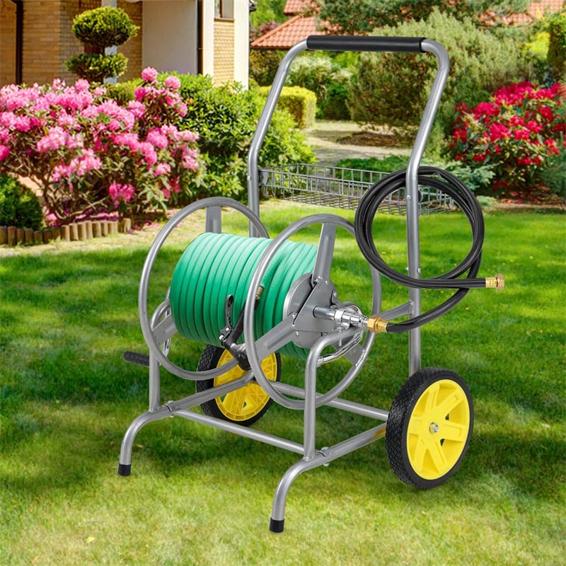 Garden Hose Reel Cart Holds 230FT of 5/8" Hose, Heavy-Duty Hose Cart with 2 Wheels & Storage Basket, Portable Water Hose Organizer for Yard