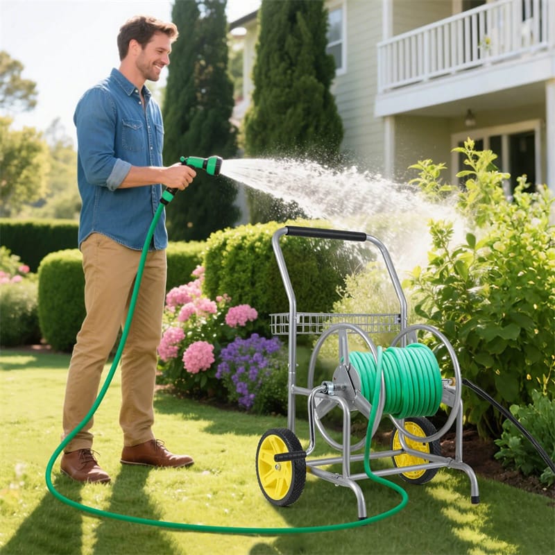 Garden Hose Reel Cart Holds 230FT of 5/8" Hose, Heavy-Duty Hose Cart with 2 Wheels & Storage Basket, Portable Water Hose Organizer for Yard