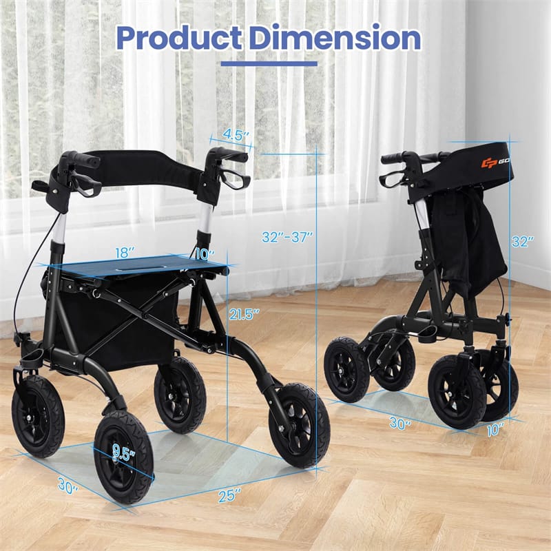Foldable Rolling Walker with 9.5" All Terrain Pneumatic Wheel, Heavy Duty Height Adjustable Rollator Walker with Seat for Seniors